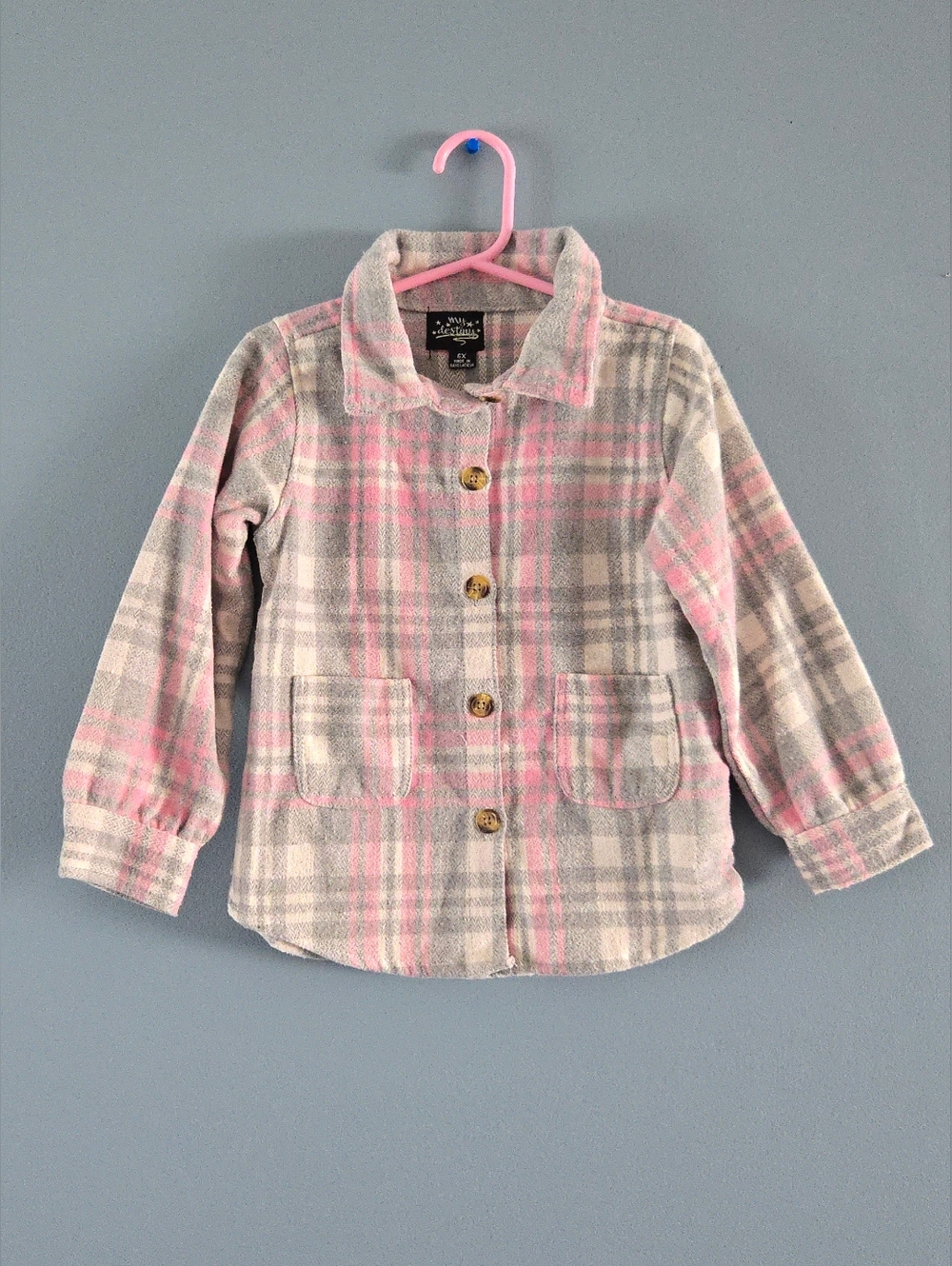 *Back To School* Girls (6X) Pink & Grey Plaid Flannel Shirt Button Up